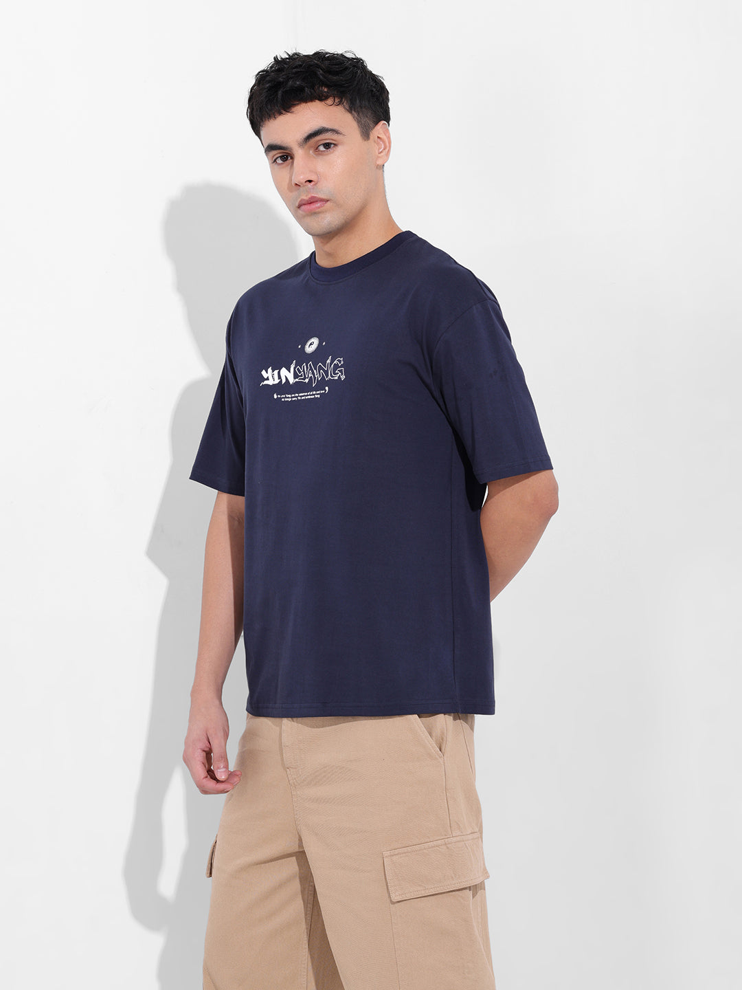 Men's Navy Boxy Oversized Graphic Back Printed Round Neck T-shirt