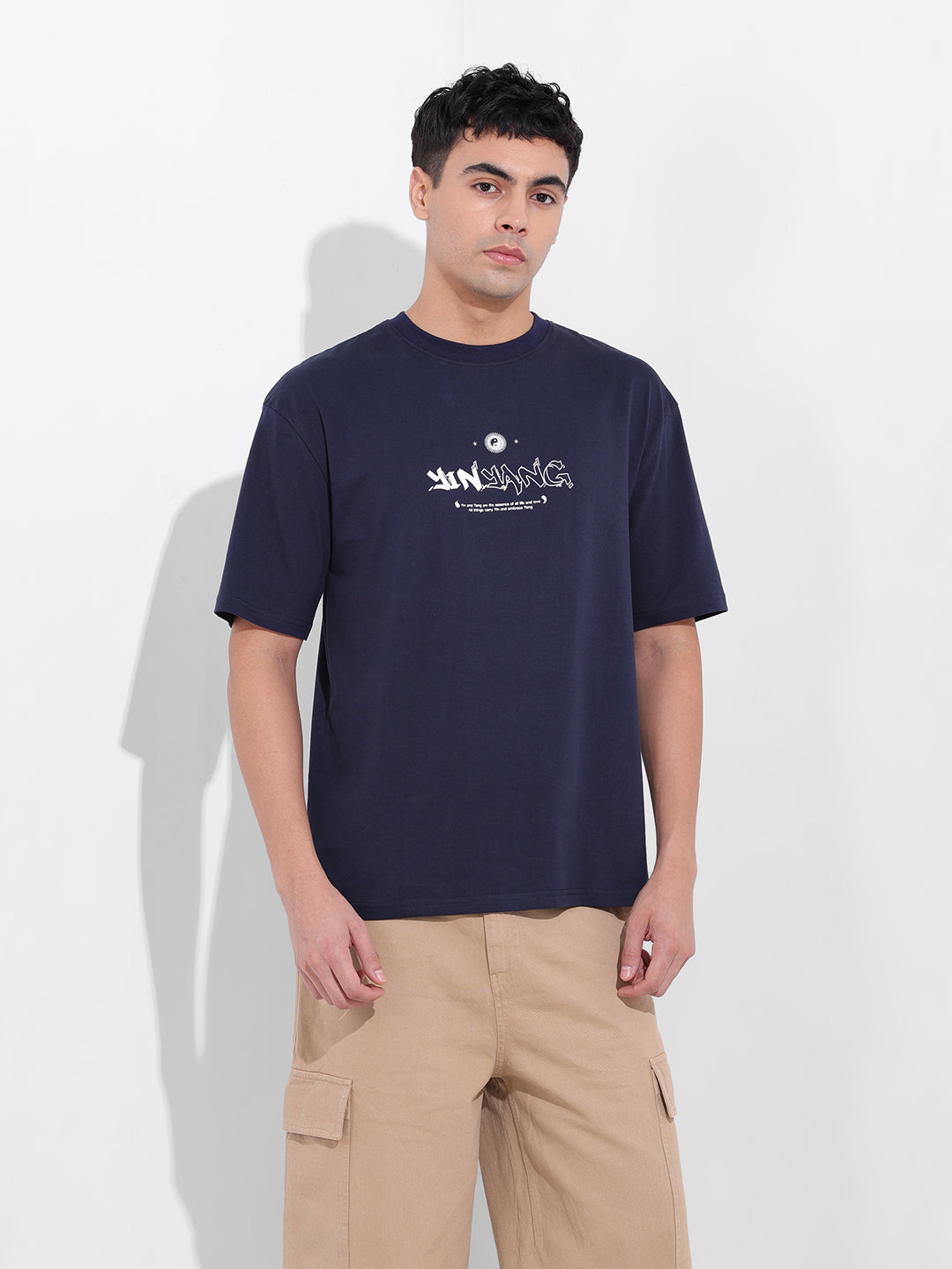 Men's Navy Boxy Oversized Graphic Back Printed Round Neck T-shirt
