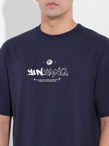 Men's Navy Boxy Oversized Graphic Back Printed Round Neck T-shirt