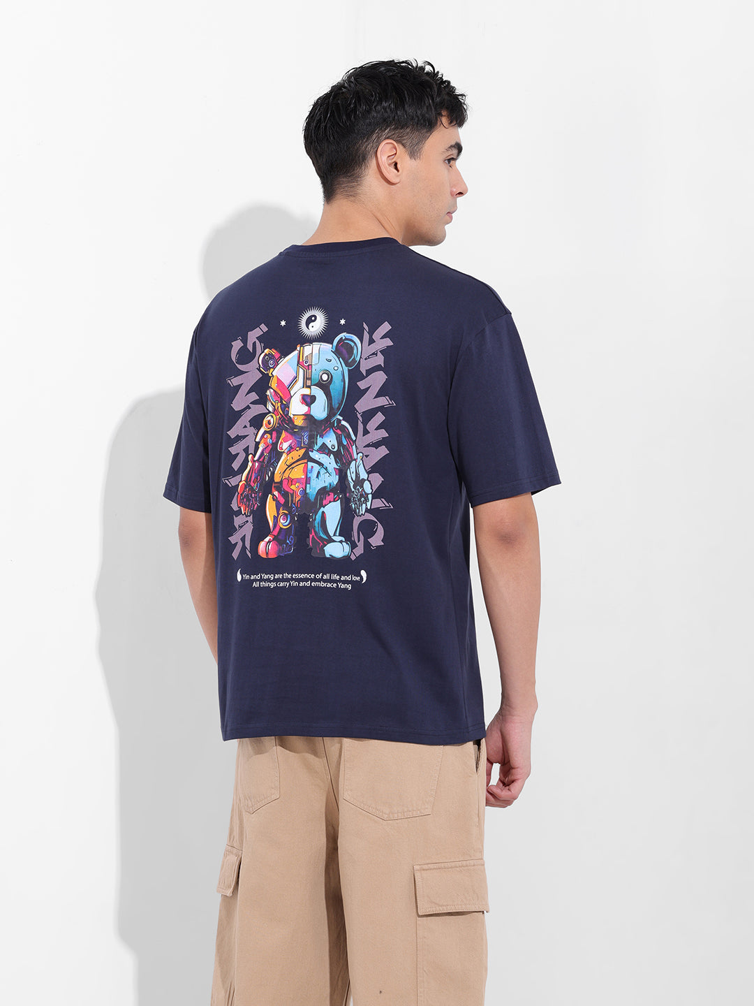 Men's Navy Boxy Oversized Graphic Back Printed Round Neck T-shirt