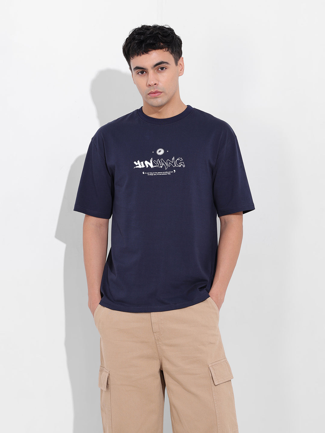 Men's Navy Boxy Oversized Graphic Back Printed Round Neck T-shirt