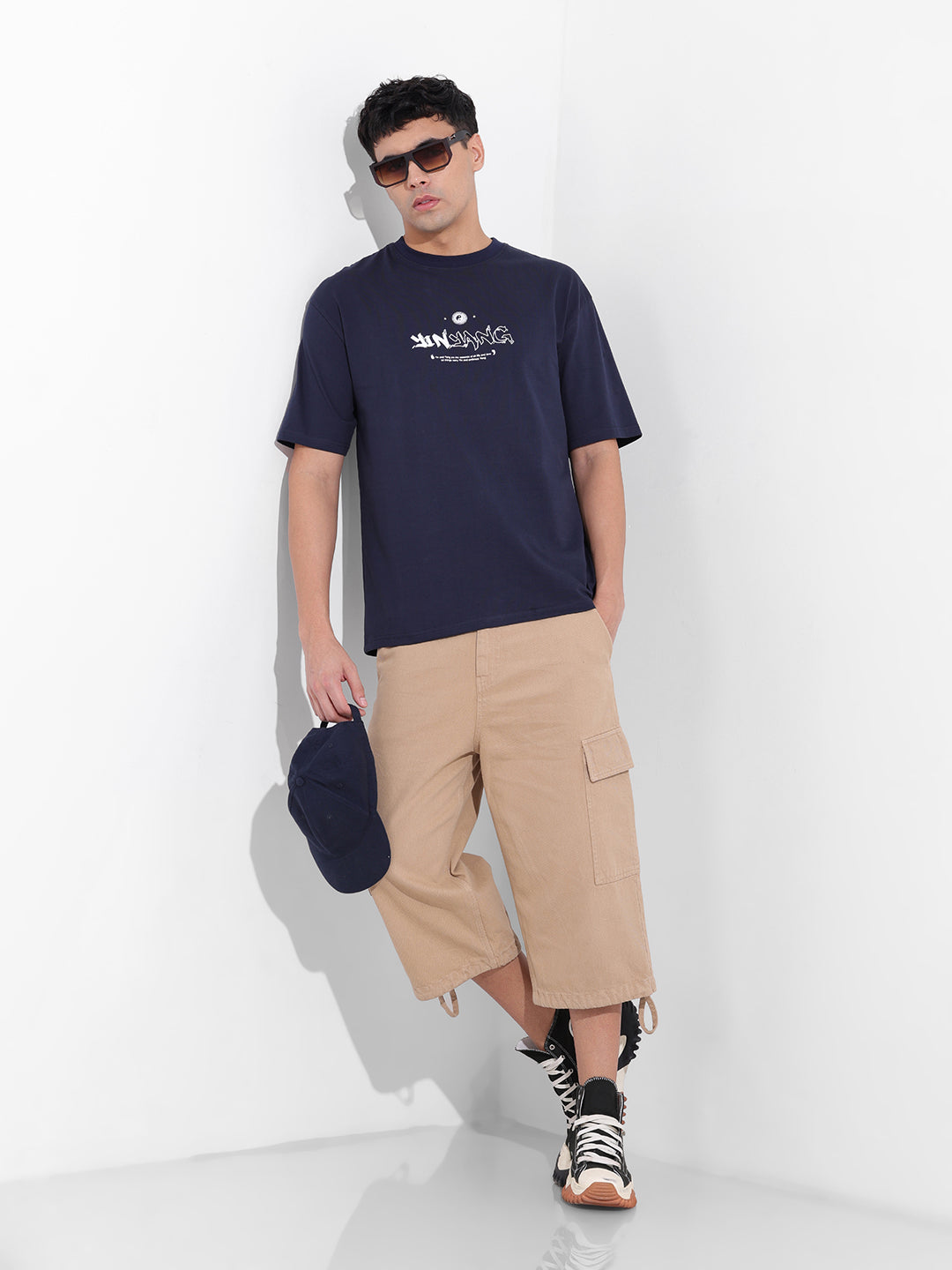 Men's Navy Boxy Oversized Graphic Back Printed Round Neck T-shirt