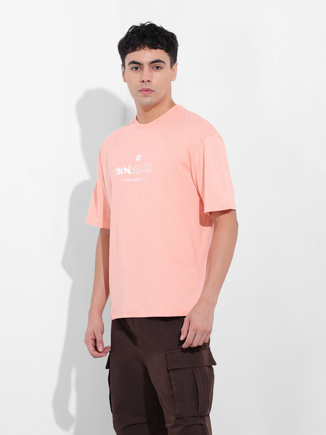 Men's Peach Boxy Oversized Graphic Back Printed Round Neck T-shirt