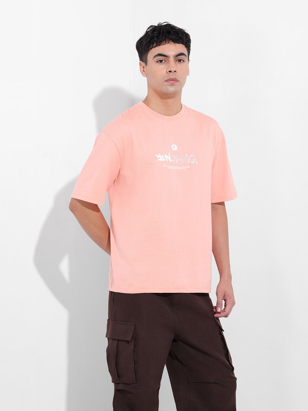 Men's Peach Boxy Oversized Graphic Back Printed Round Neck T-shirt