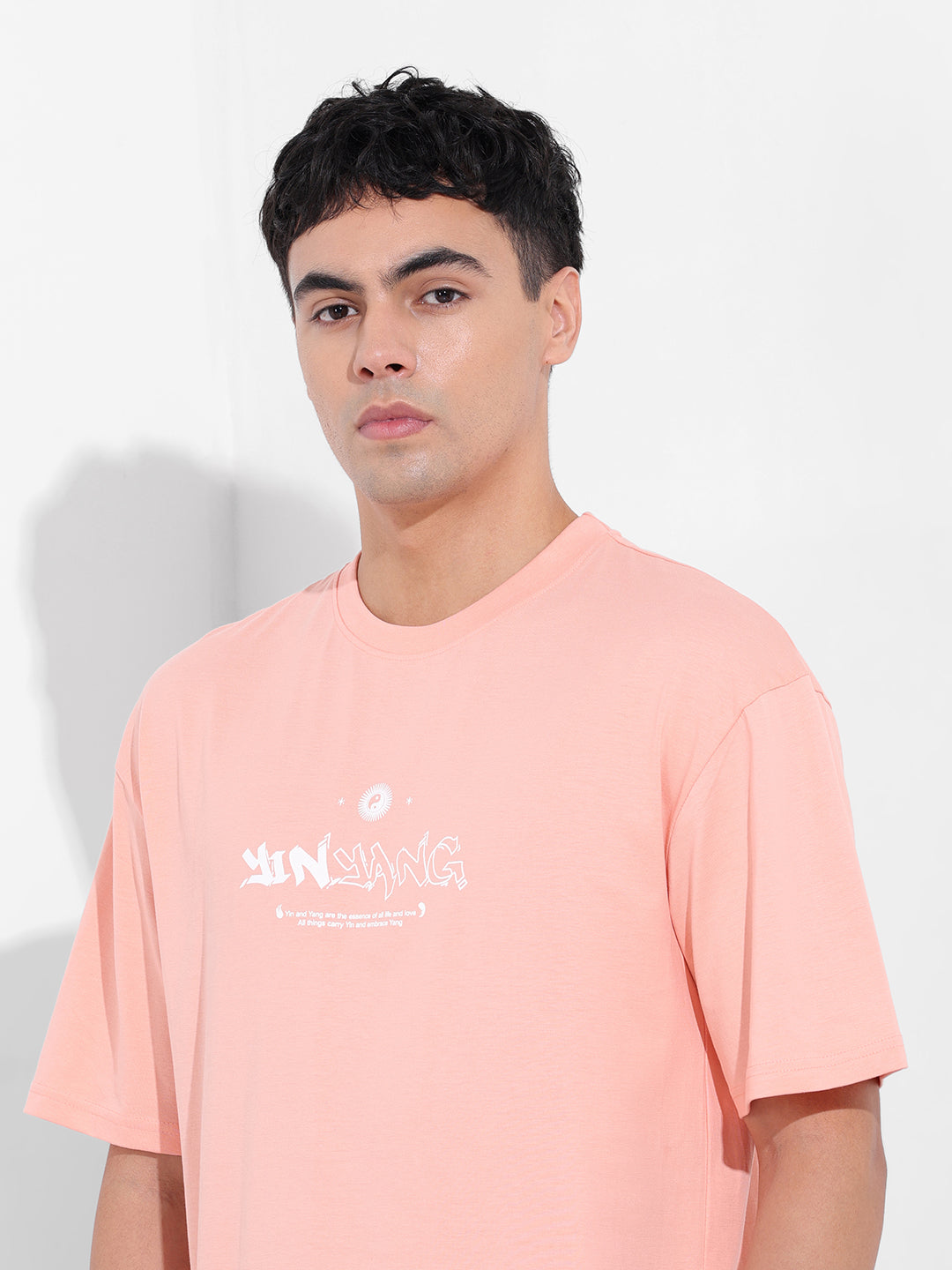 Men's Peach Boxy Oversized Graphic Back Printed Round Neck T-shirt