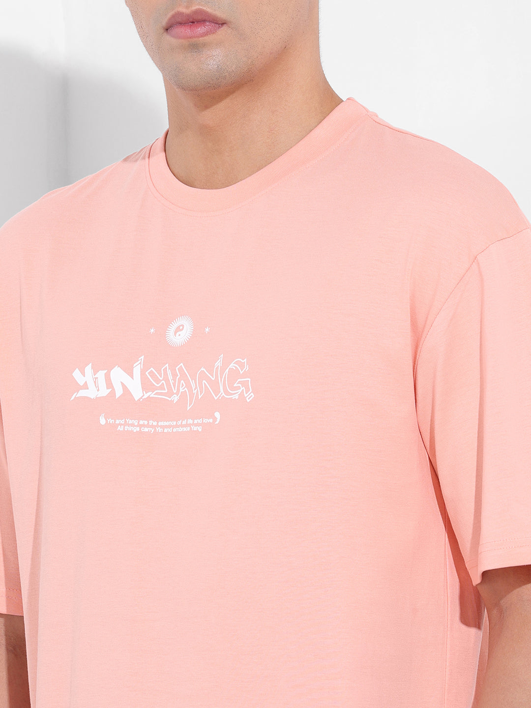 Men's Peach Boxy Oversized Graphic Back Printed Round Neck T-shirt