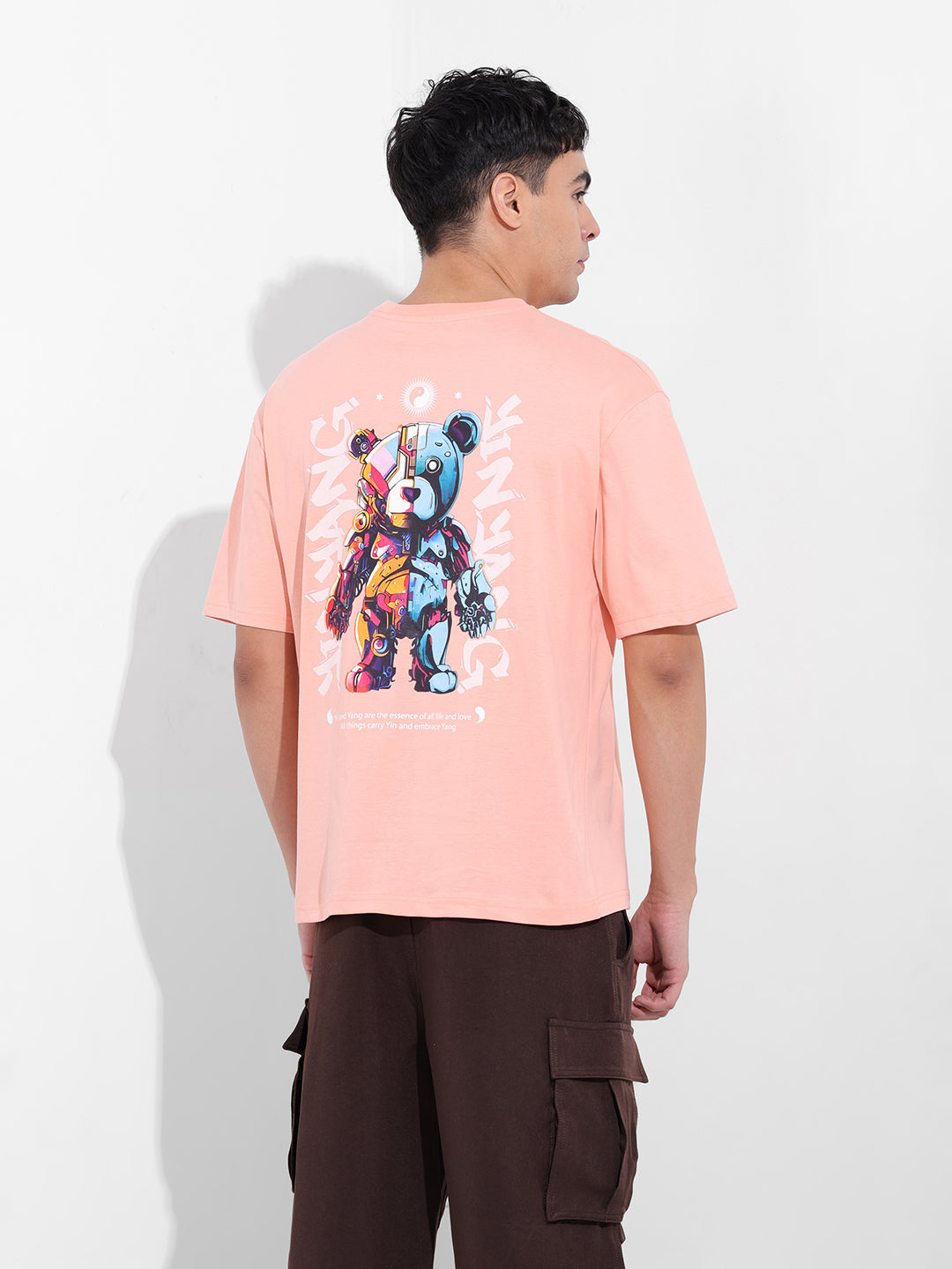 Men's Peach Boxy Oversized Graphic Back Printed Round Neck T-shirt