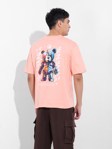 Men's Peach Boxy Oversized Graphic Back Printed Round Neck T-shirt