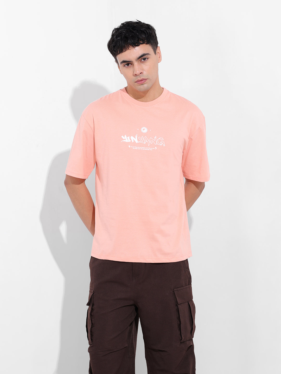 Men's Peach Boxy Oversized Graphic Back Printed Round Neck T-shirt