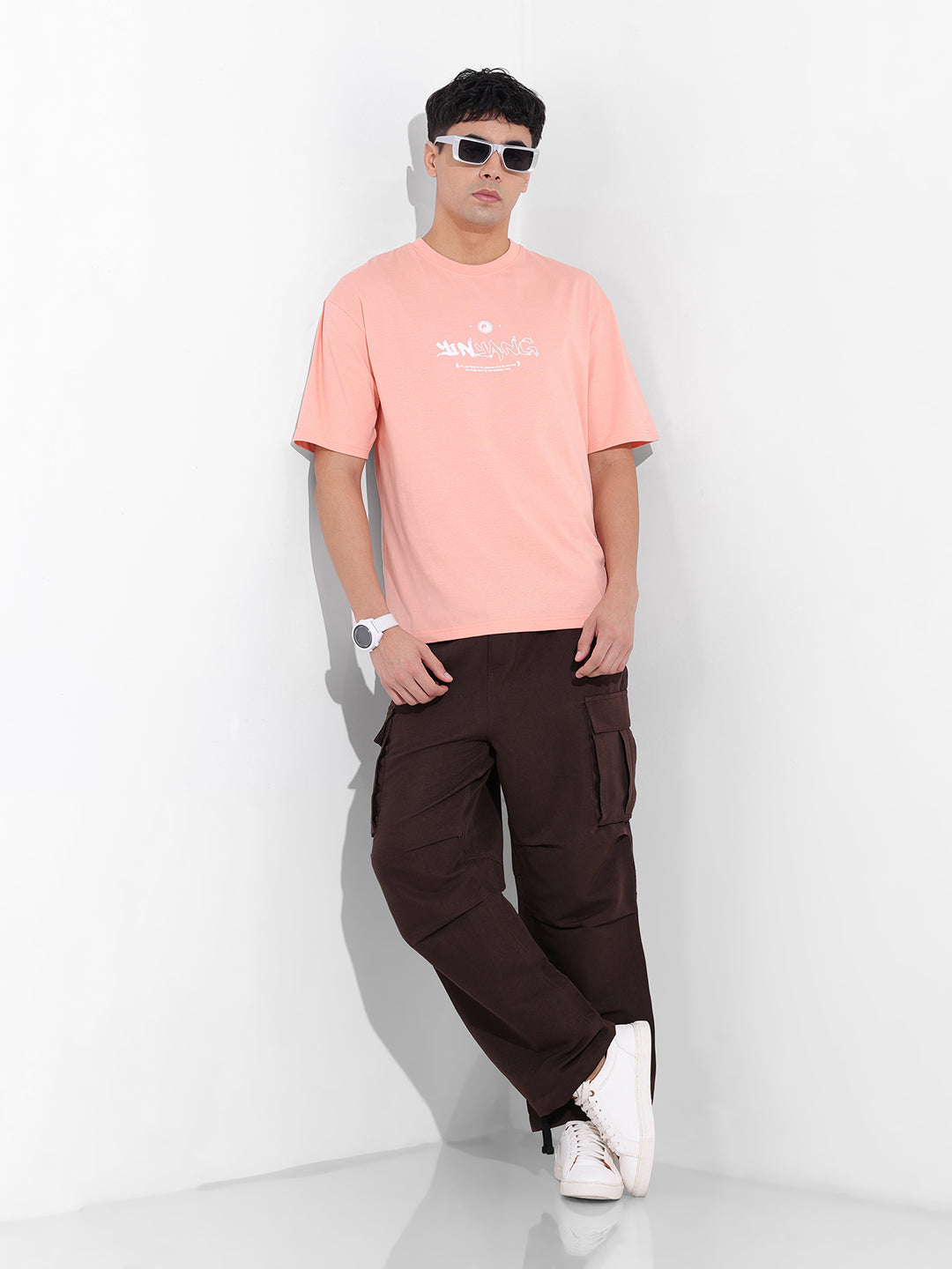 Men's Peach Boxy Oversized Graphic Back Printed Round Neck T-shirt