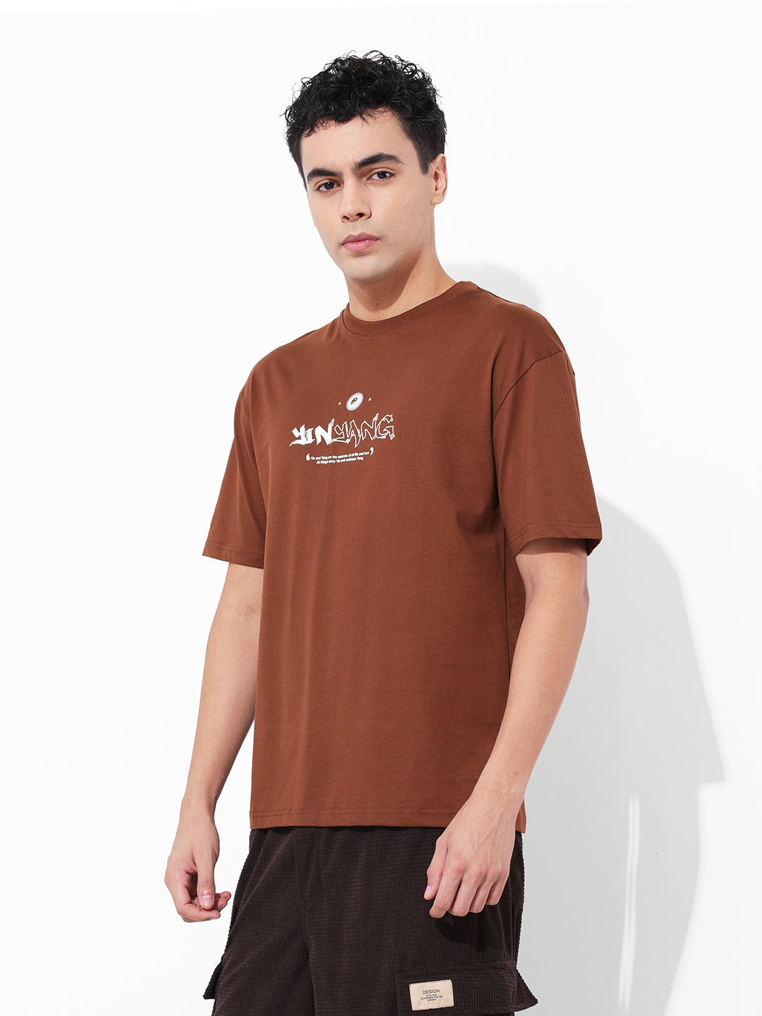 Men's Brown Boxy Oversized Graphic Back Printed Round Neck T-shirt