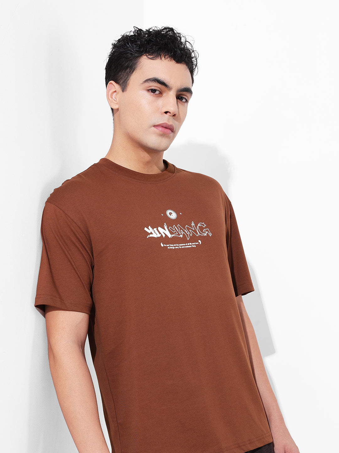 Men's Brown Boxy Oversized Graphic Back Printed Round Neck T-shirt