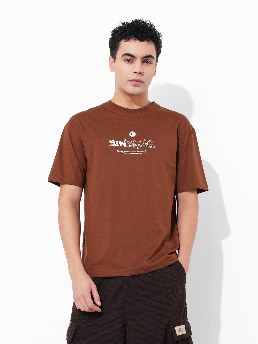 Men's Brown Boxy Oversized Graphic Back Printed Round Neck T-shirt
