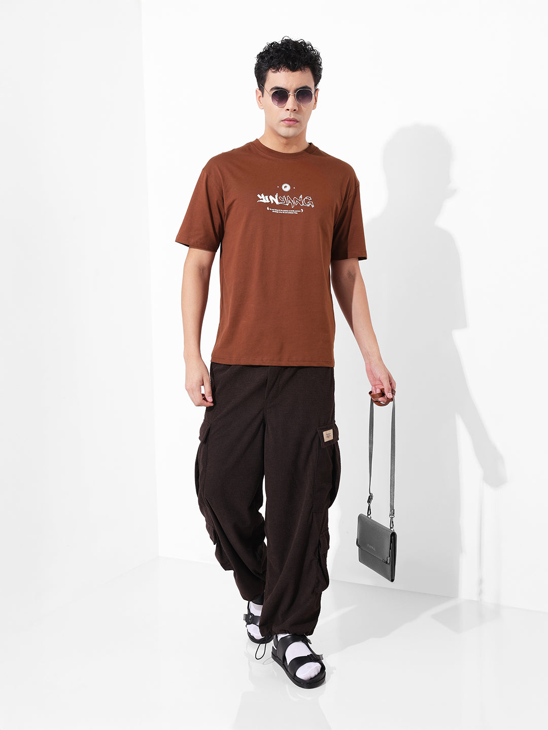 Men's Brown Boxy Oversized Graphic Back Printed Round Neck T-shirt