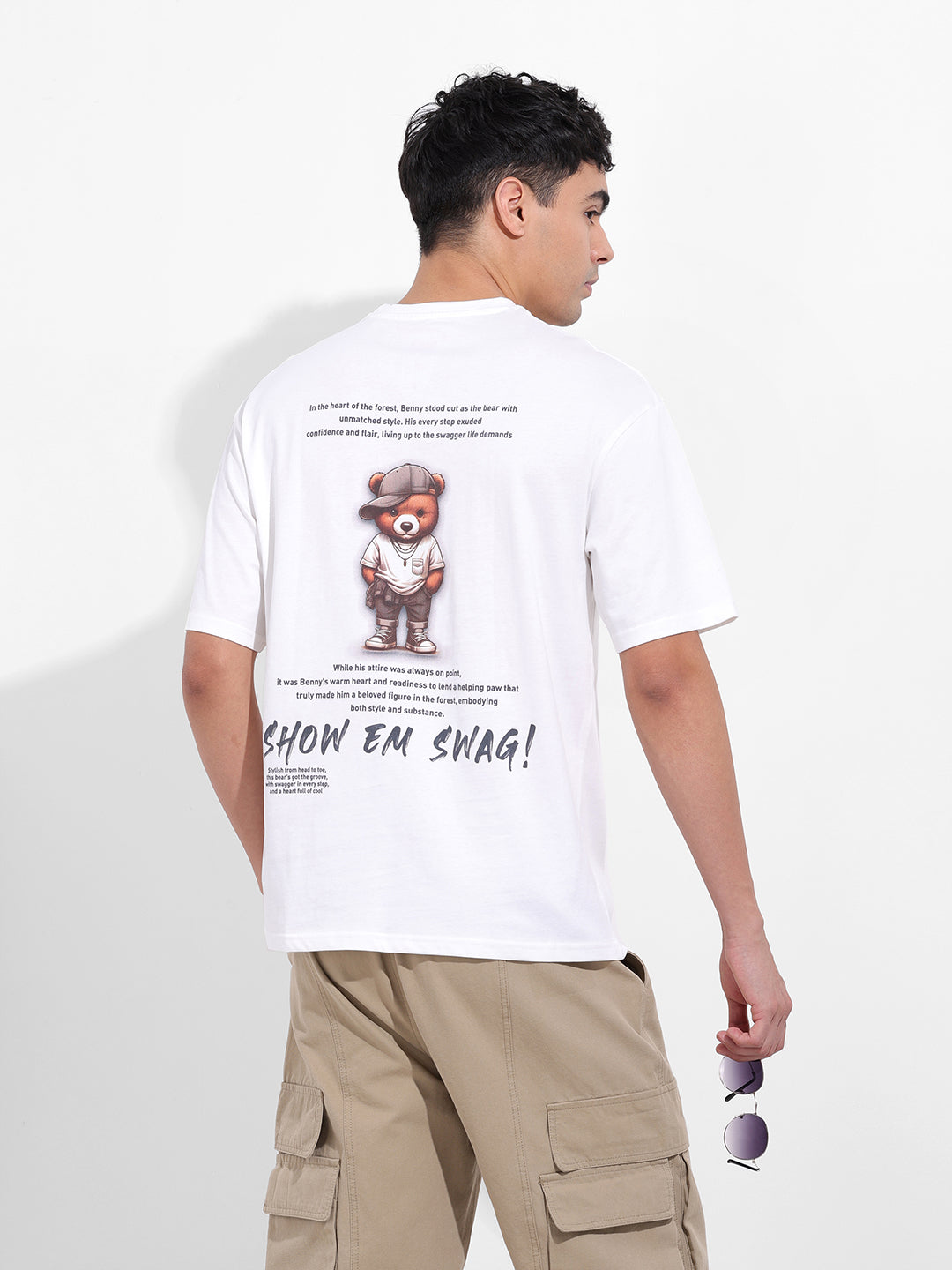 Men's White Boxy Oversized Graphic Back Printed Round Neck T-shirt