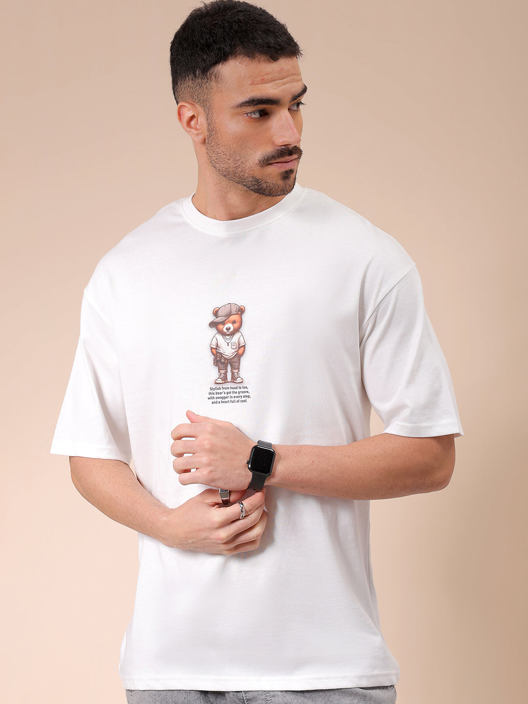 Men's White Oversized Graphic Back Printed T-Shirt