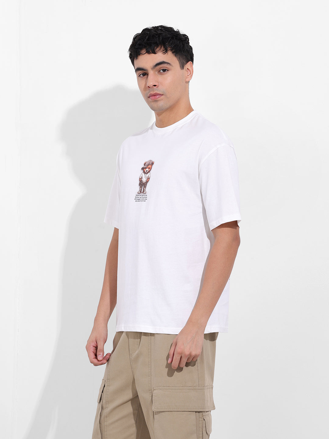 Men's White Boxy Oversized Graphic Back Printed Round Neck T-shirt