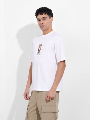 Men's White Boxy Oversized Graphic Back Printed Round Neck T-shirt