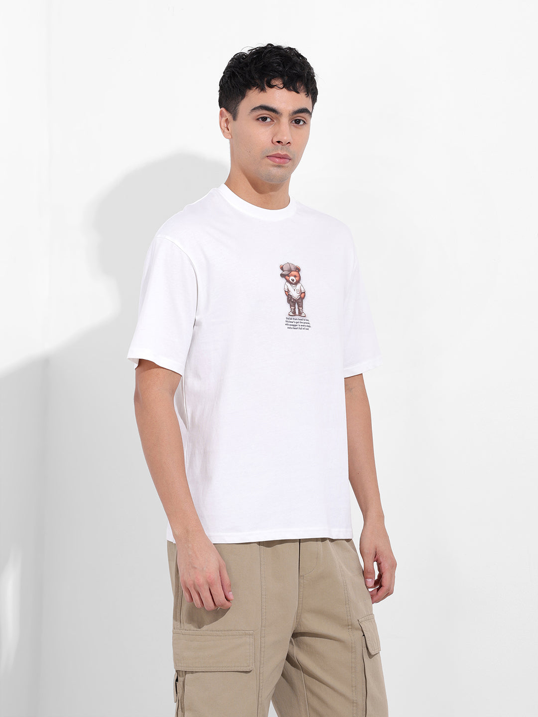Men's White Boxy Oversized Graphic Back Printed Round Neck T-shirt