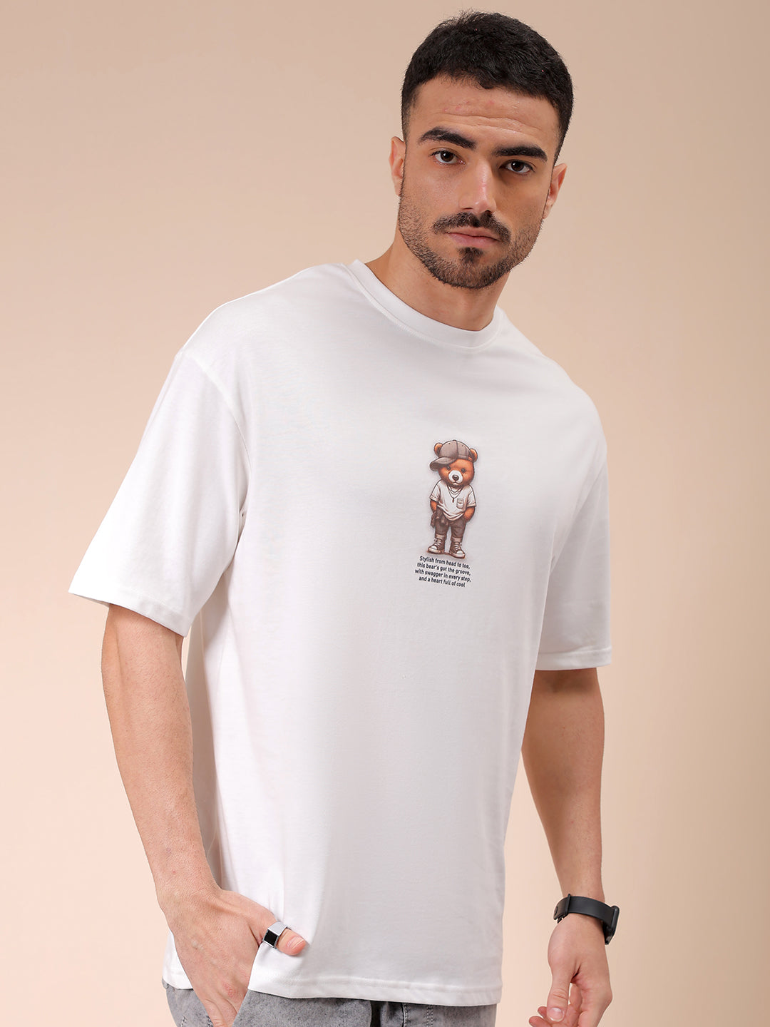 Men's White Oversized Graphic Back Printed T-Shirt