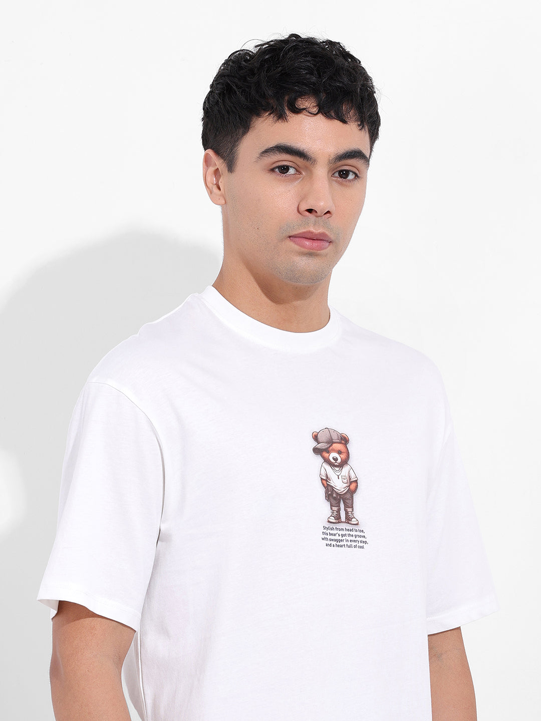 Men's White Boxy Oversized Graphic Back Printed Round Neck T-shirt