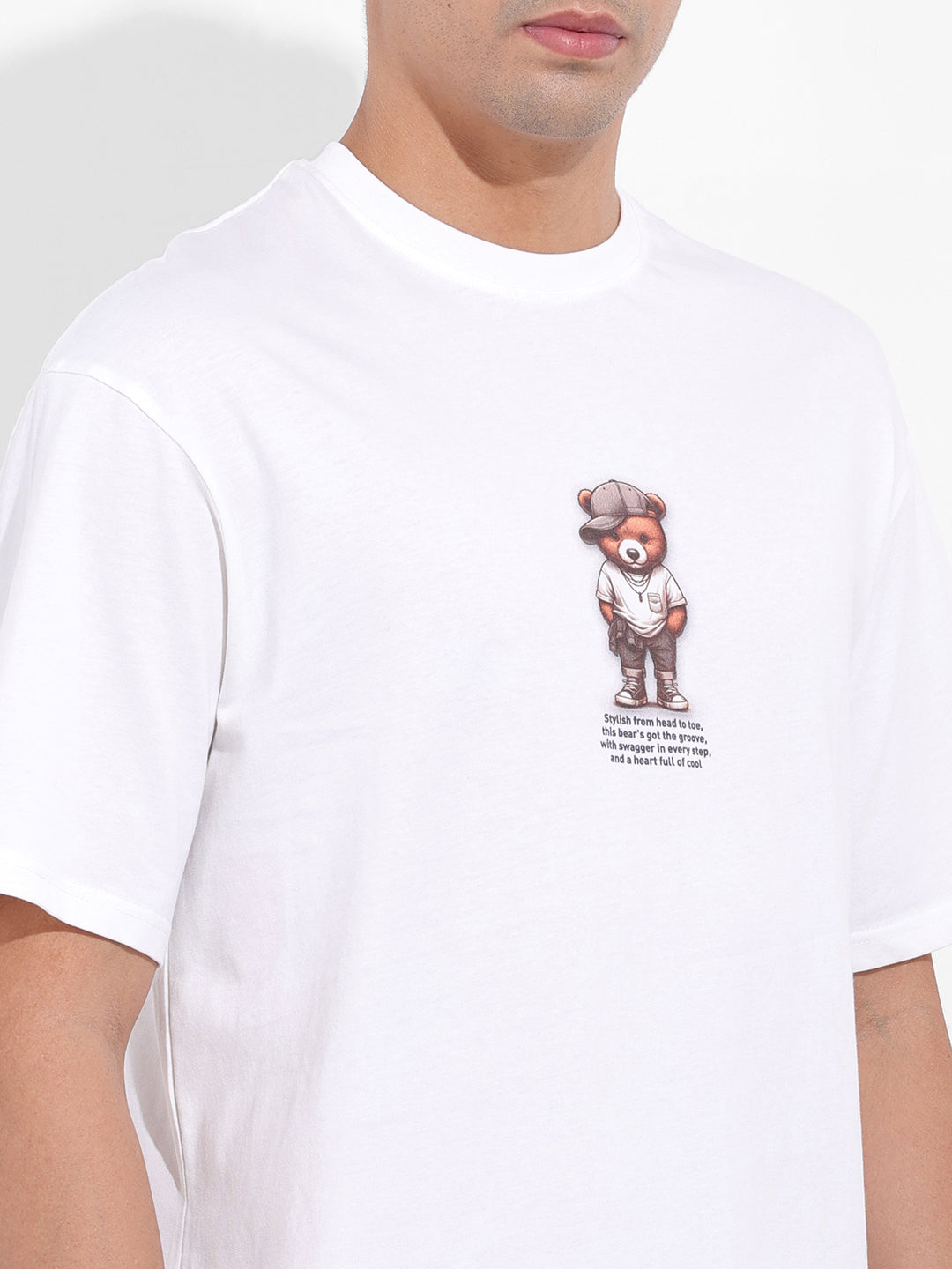 Men's White Boxy Oversized Graphic Back Printed Round Neck T-shirt