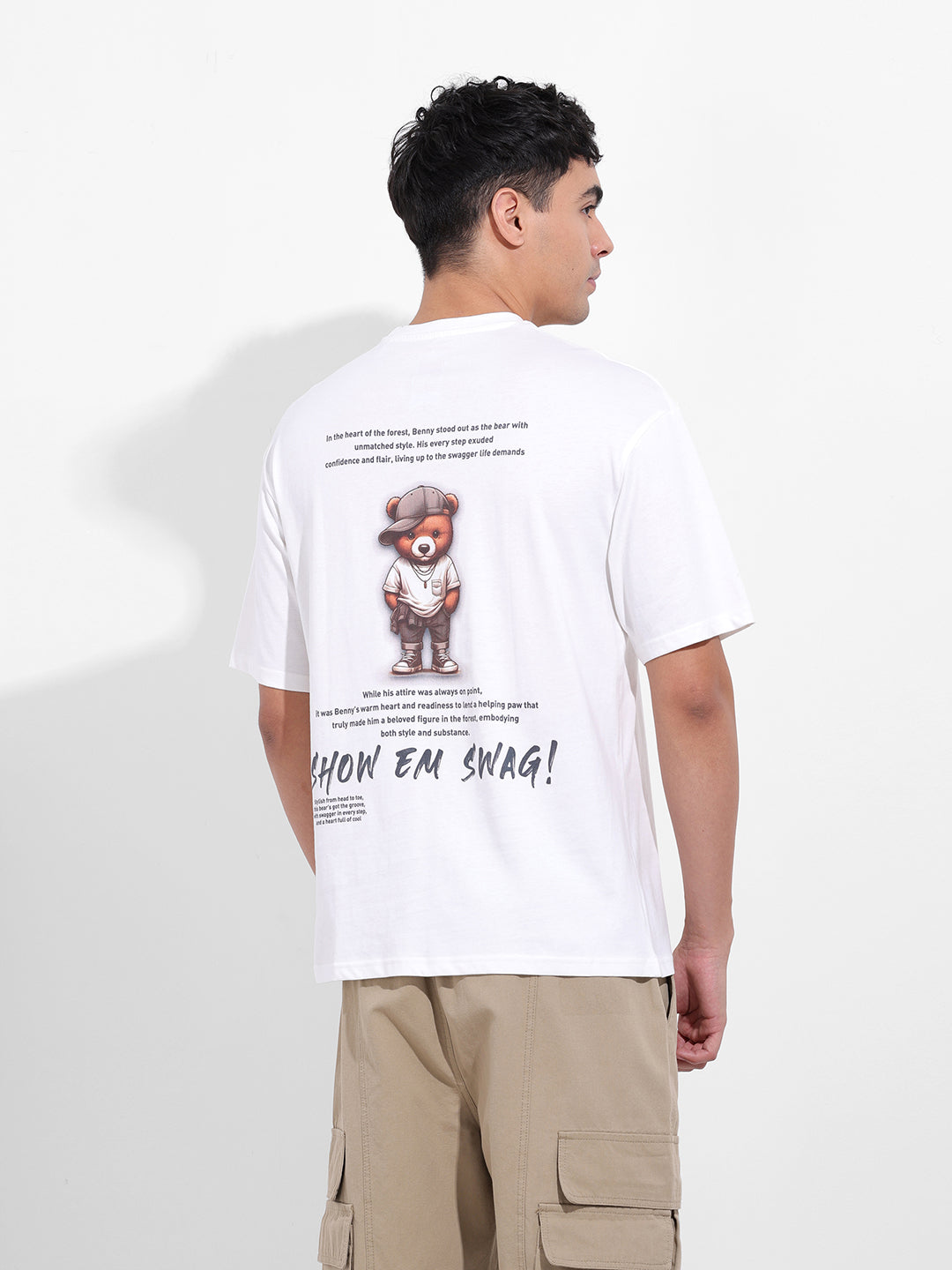 Men's White Boxy Oversized Graphic Back Printed Round Neck T-shirt