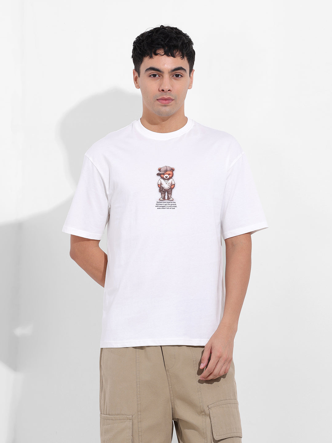 Men's White Boxy Oversized Graphic Back Printed Round Neck T-shirt
