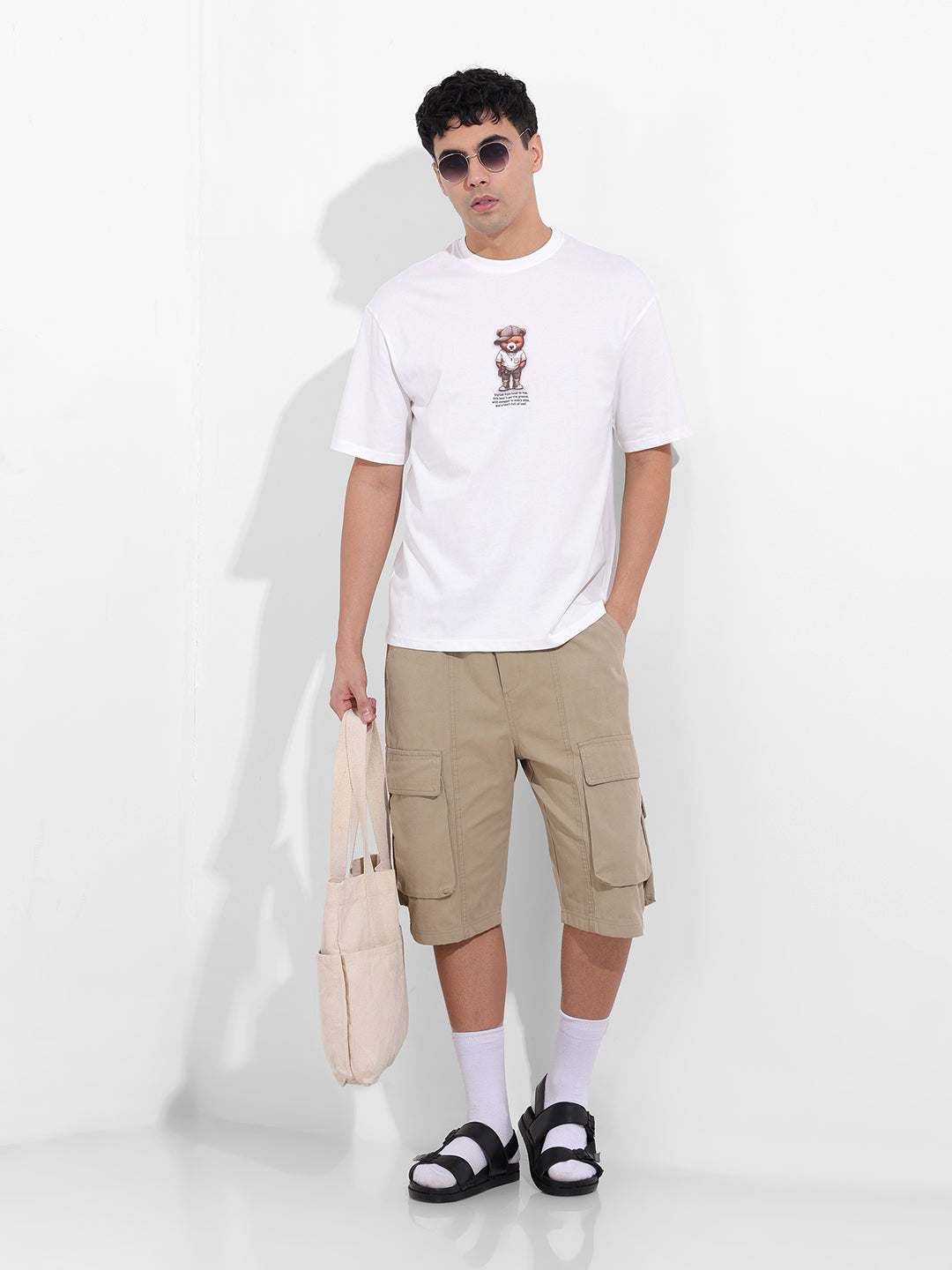 Men's White Boxy Oversized Graphic Back Printed Round Neck T-shirt