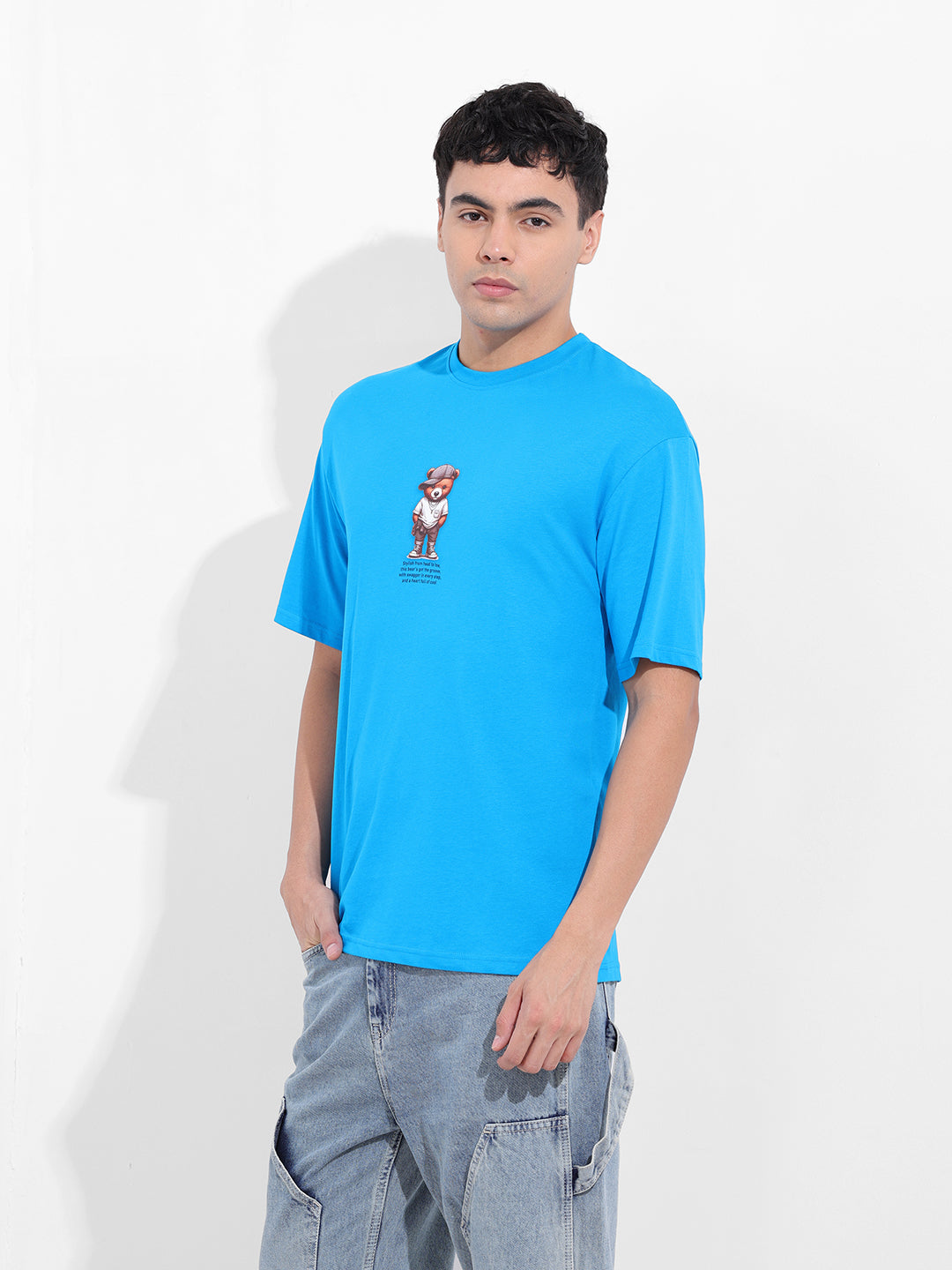 Men's Blue Boxy Oversized Graphic Back Printed Round Neck T-shirt