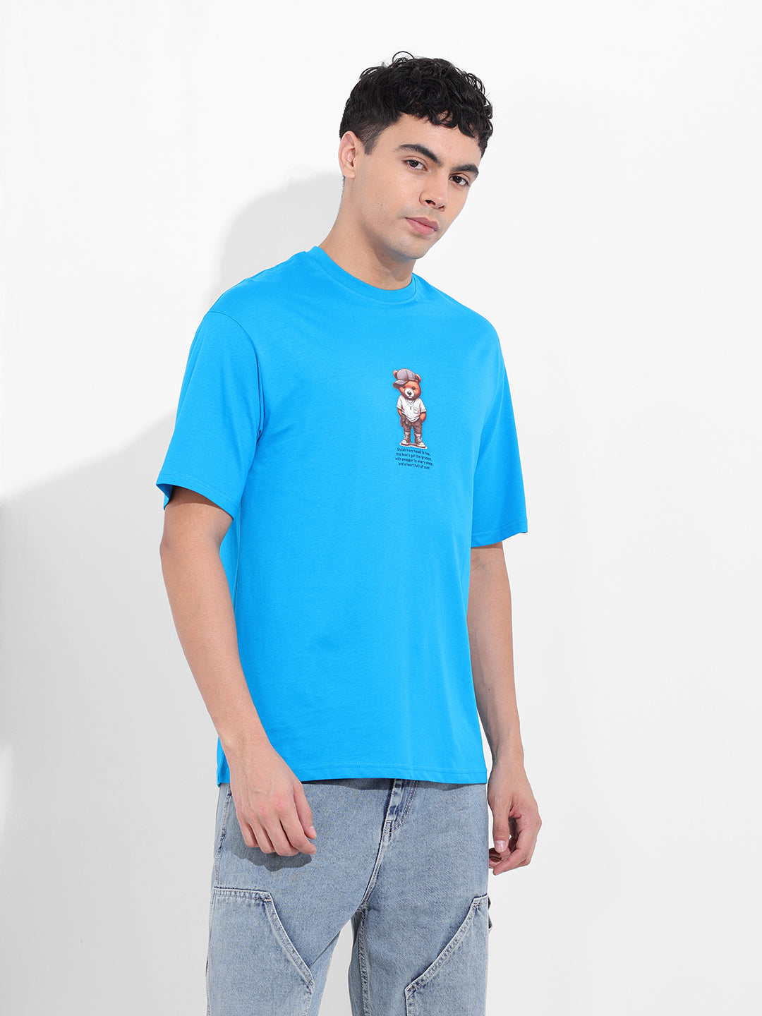 Men's Blue Boxy Oversized Graphic Back Printed Round Neck T-shirt