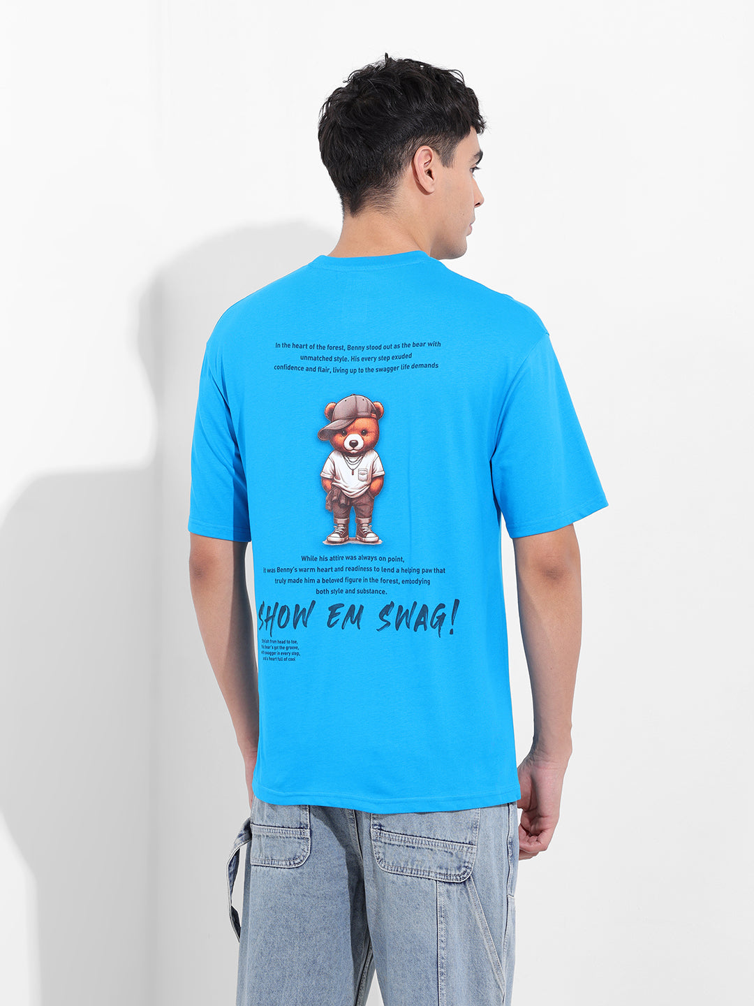 Men's Blue Boxy Oversized Graphic Back Printed Round Neck T-shirt