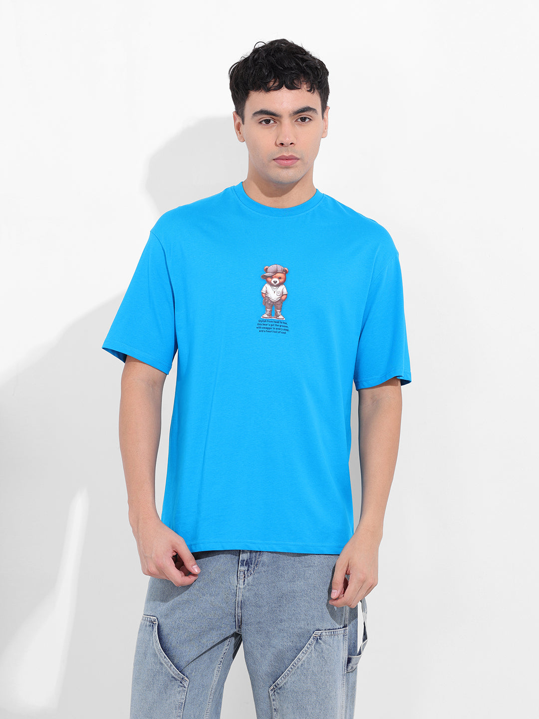 Men's Blue Boxy Oversized Graphic Back Printed Round Neck T-shirt