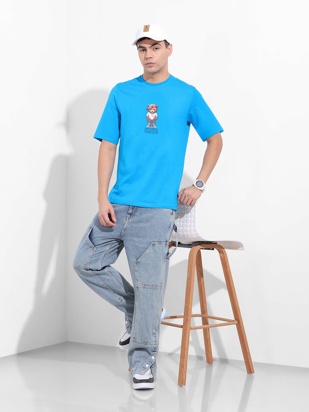 Men's Blue Boxy Oversized Graphic Back Printed Round Neck T-shirt