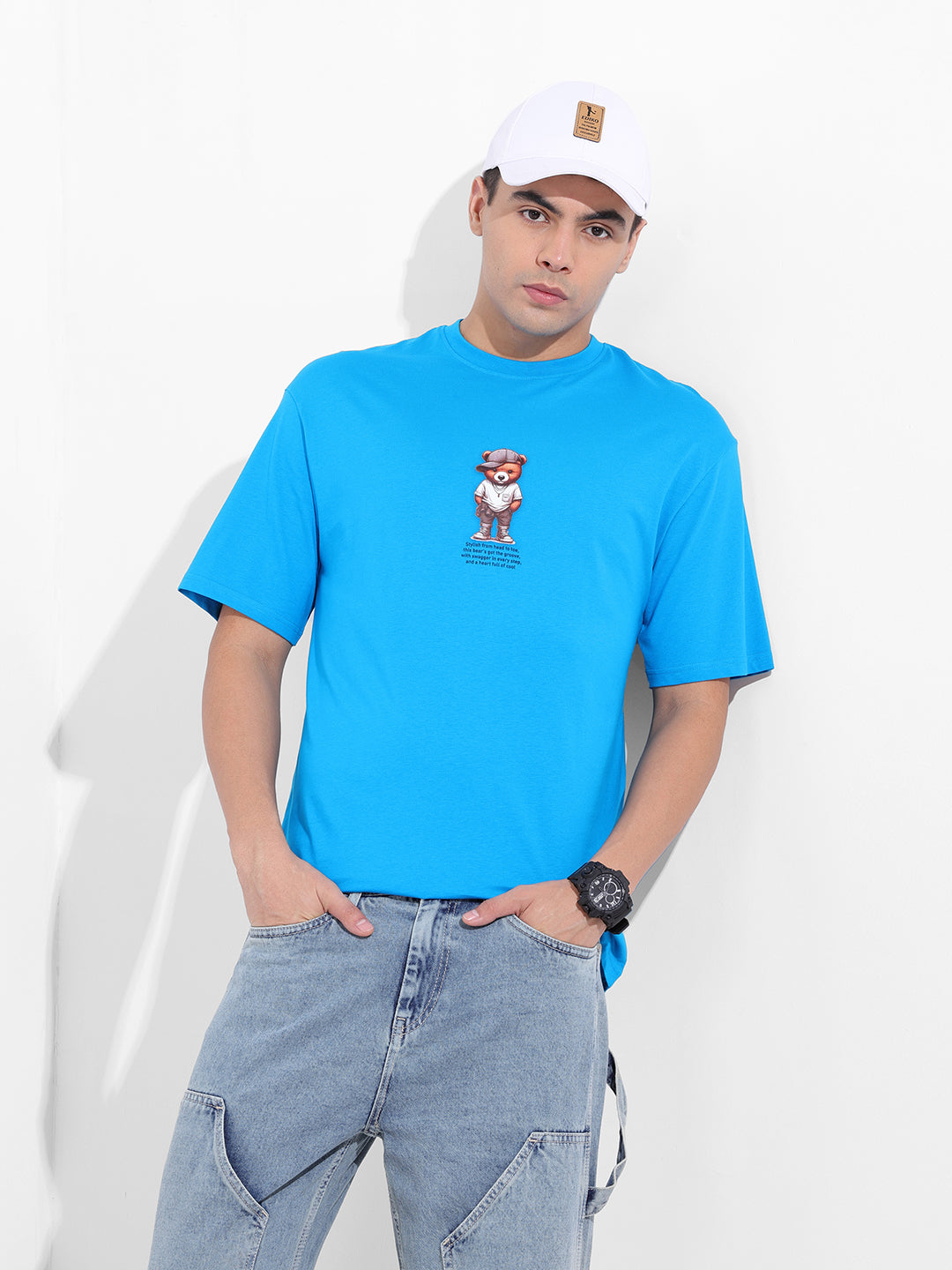 Men's Blue Boxy Oversized Graphic Back Printed Round Neck T-shirt