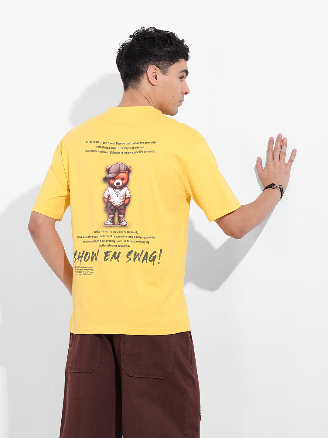 Men's Yellow Boxy Oversized Graphic Back Printed Round Neck T-shirt