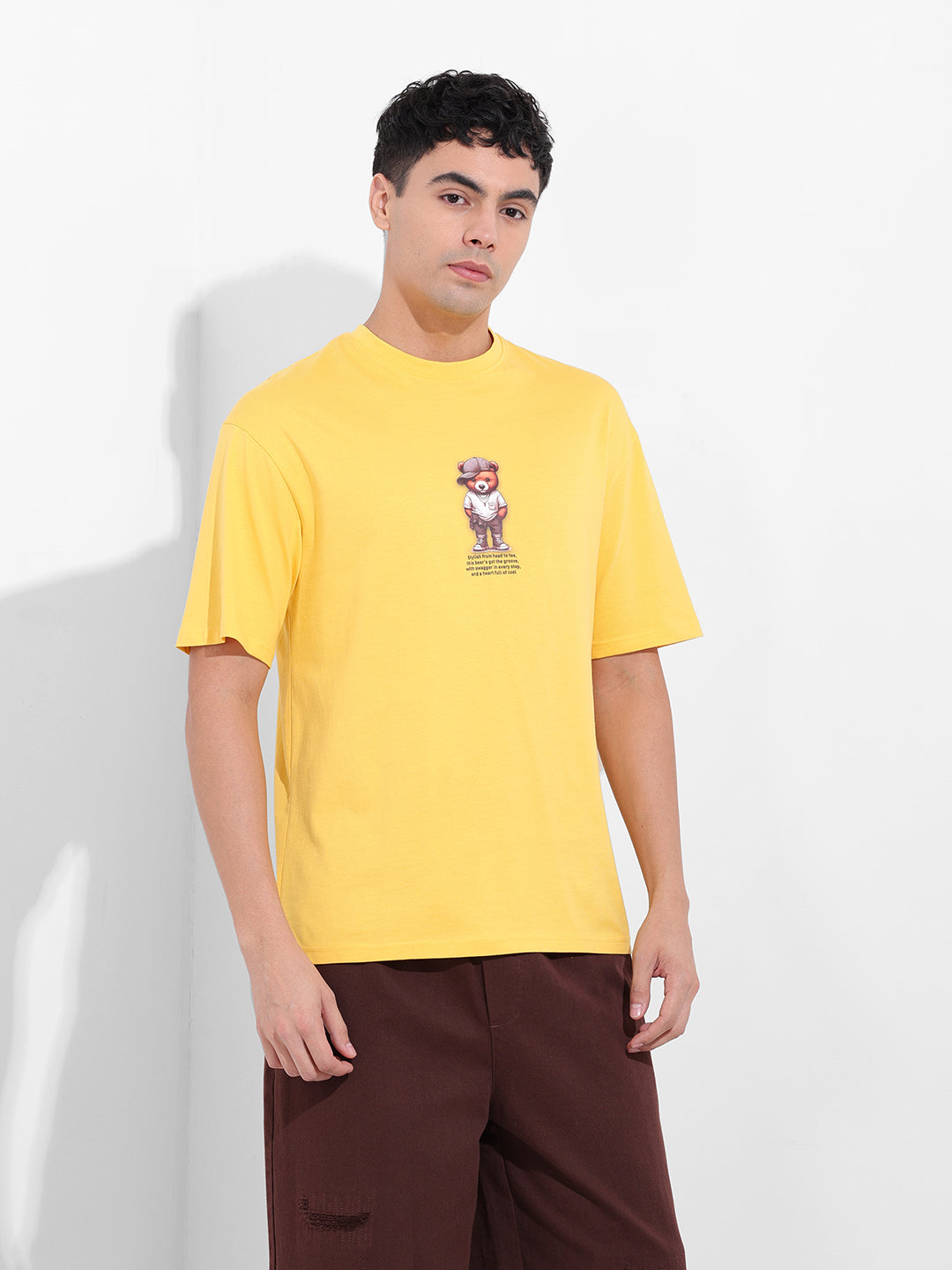 Men's Yellow Boxy Oversized Graphic Back Printed Round Neck T-shirt
