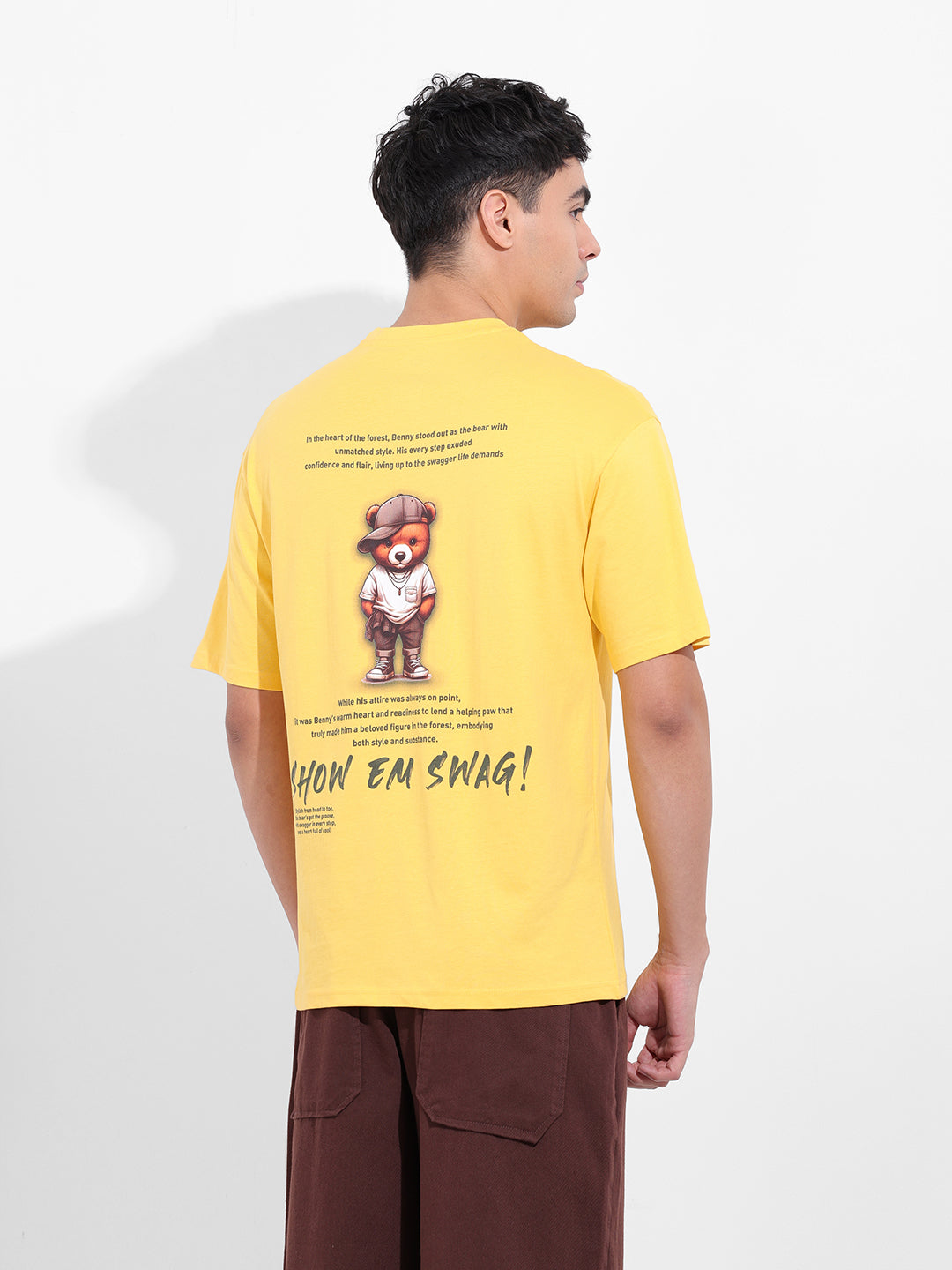 Men's Yellow Boxy Oversized Graphic Back Printed Round Neck T-shirt