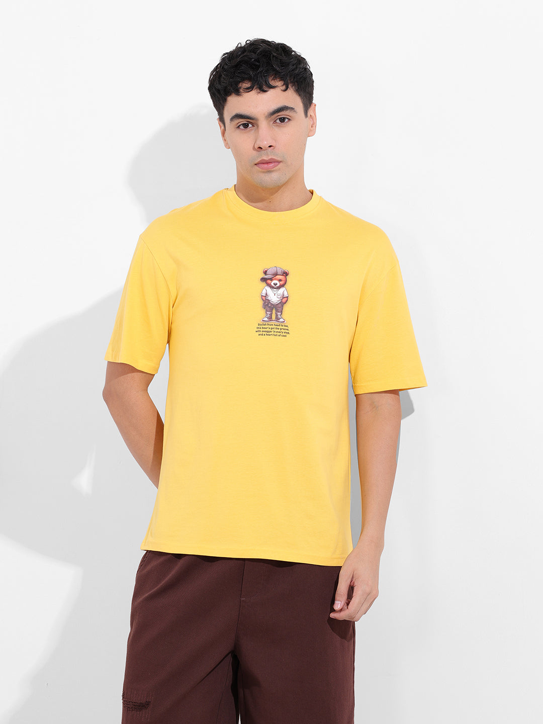 Men's Yellow Boxy Oversized Graphic Back Printed Round Neck T-shirt
