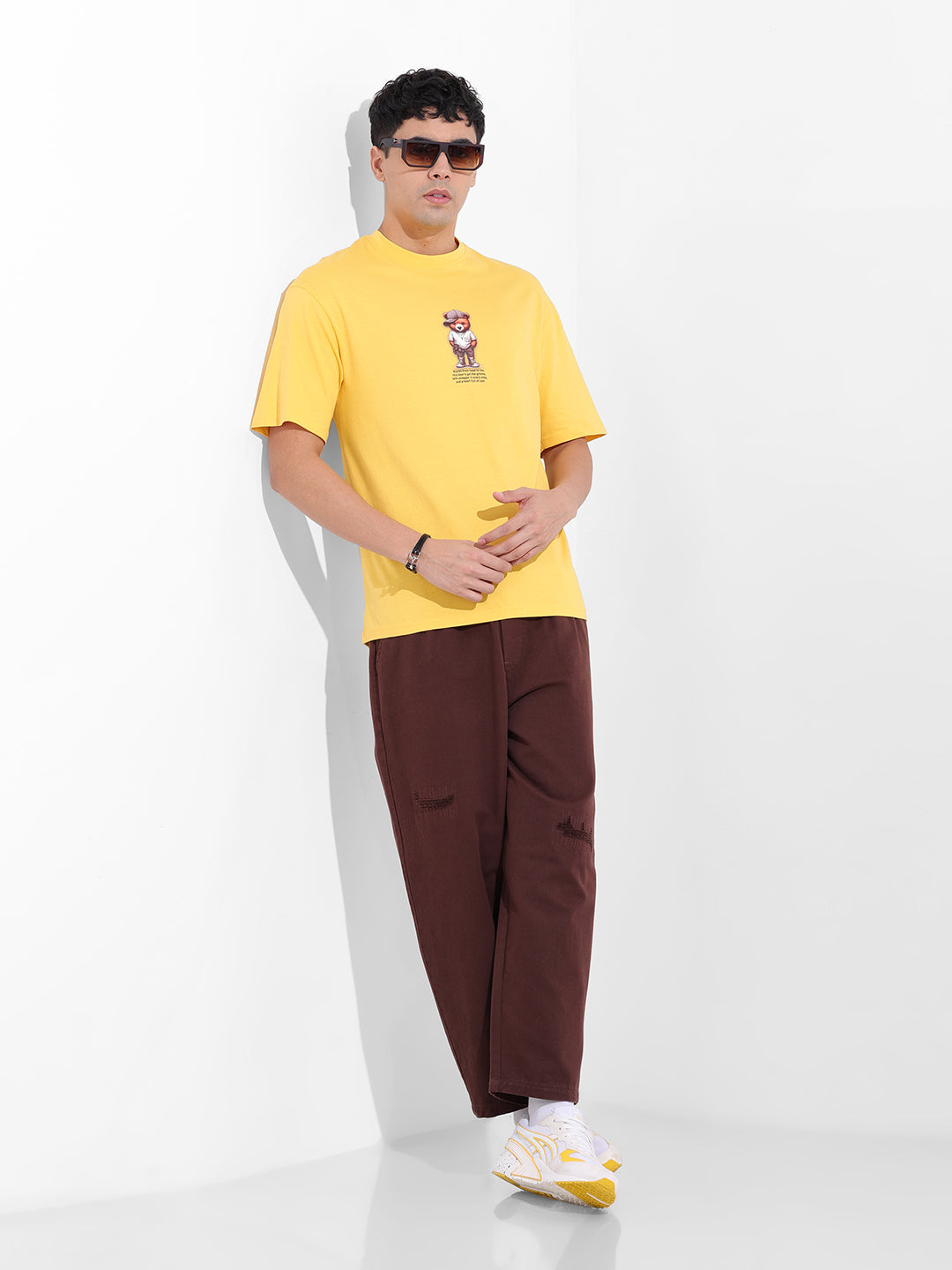 Men's Yellow Boxy Oversized Graphic Back Printed Round Neck T-shirt