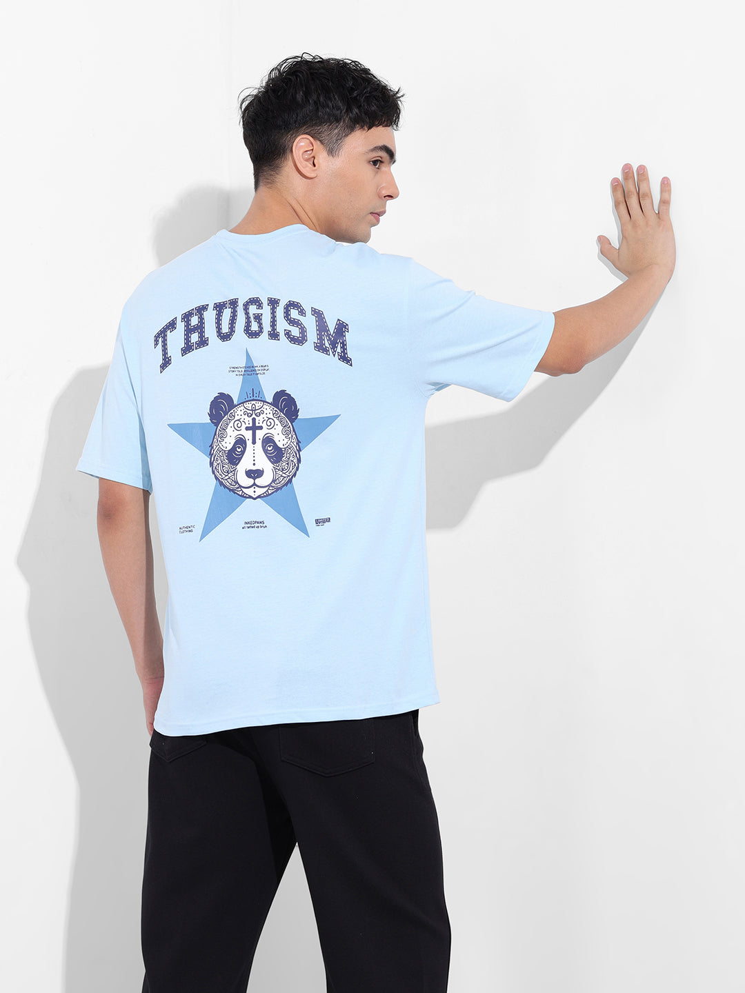Men's Blue Boxy Oversized Graphic Back Printed Round Neck T-shirt
