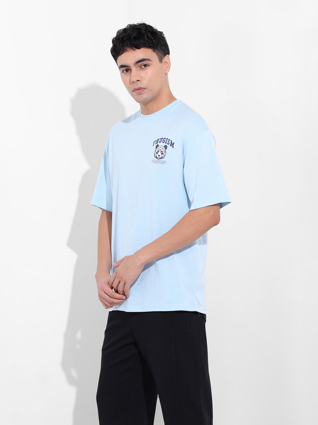 Men's Blue Boxy Oversized Graphic Back Printed Round Neck T-shirt