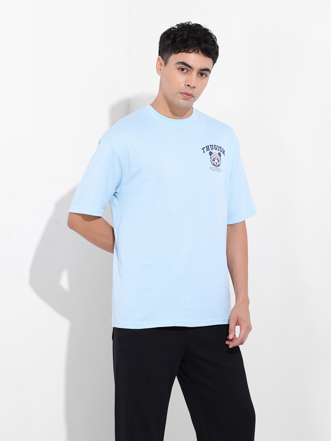 Men's Blue Boxy Oversized Graphic Back Printed Round Neck T-shirt