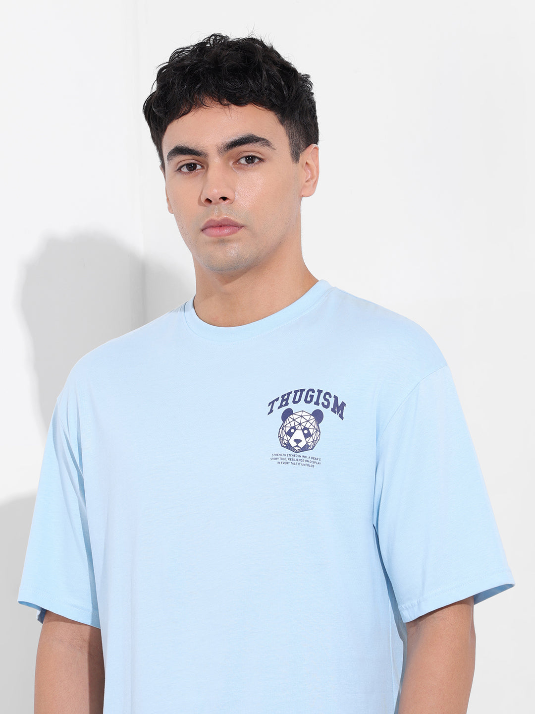 Men's Blue Boxy Oversized Graphic Back Printed Round Neck T-shirt