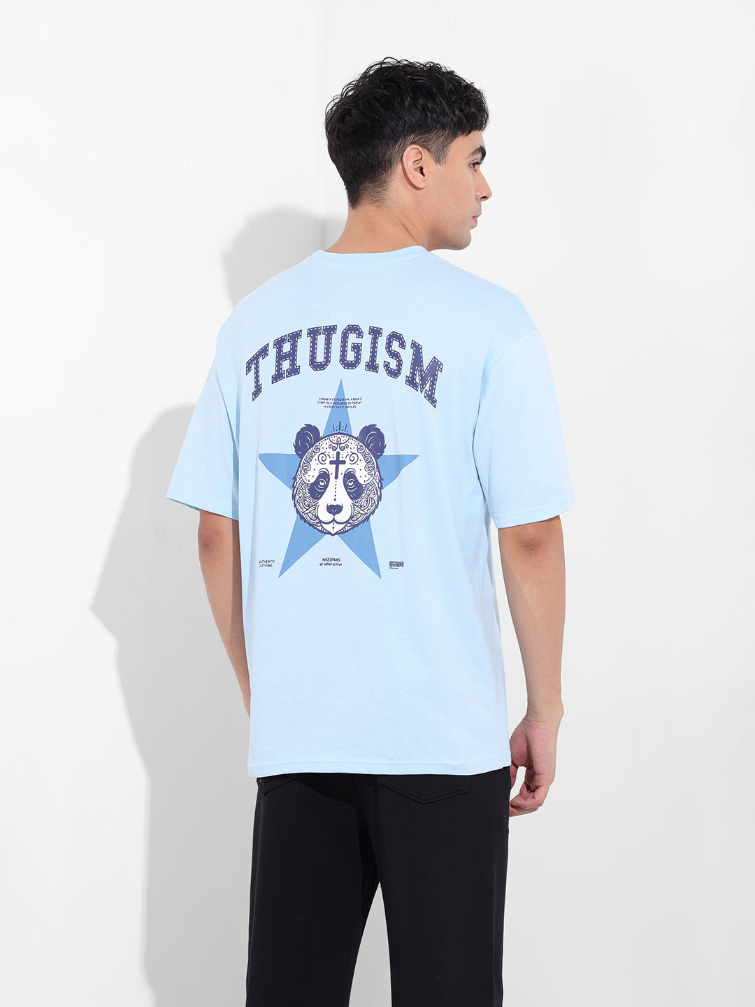 Men's Blue Boxy Oversized Graphic Back Printed Round Neck T-shirt