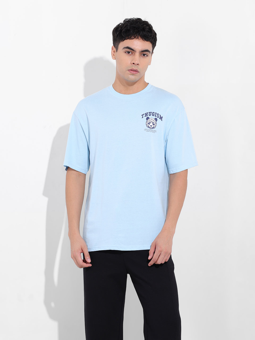 Men's Blue Boxy Oversized Graphic Back Printed Round Neck T-shirt