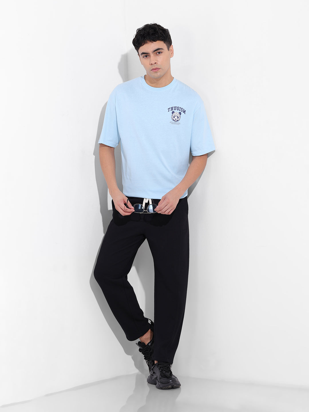 Men's Blue Boxy Oversized Graphic Back Printed Round Neck T-shirt