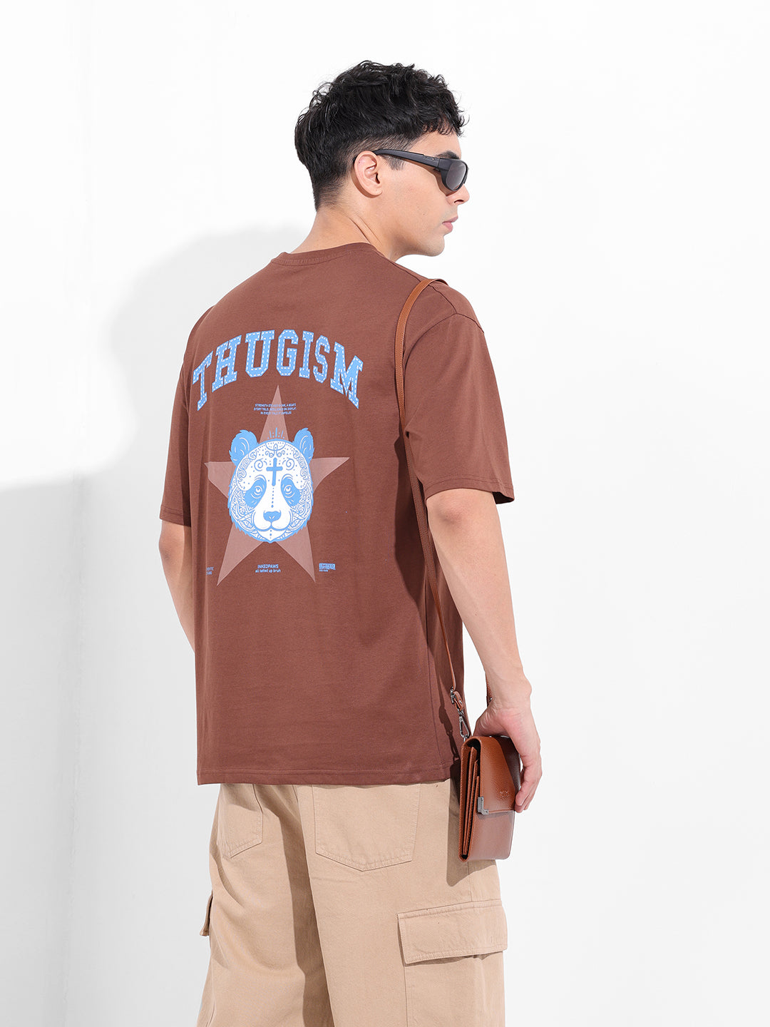 Men's Brown Boxy Oversized Graphic Back Printed Round Neck T-shirt