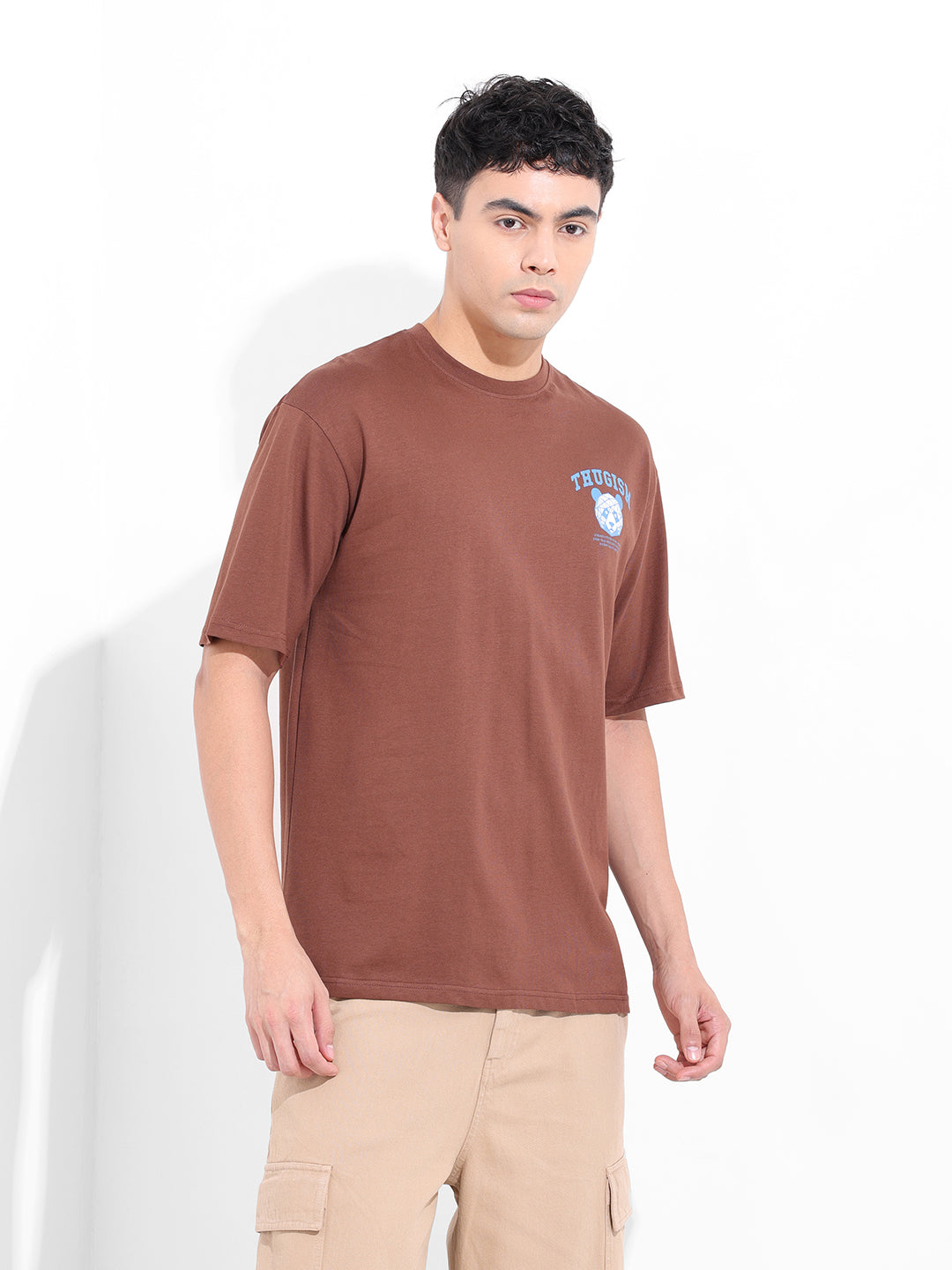 Men's Brown Boxy Oversized Graphic Back Printed Round Neck T-shirt