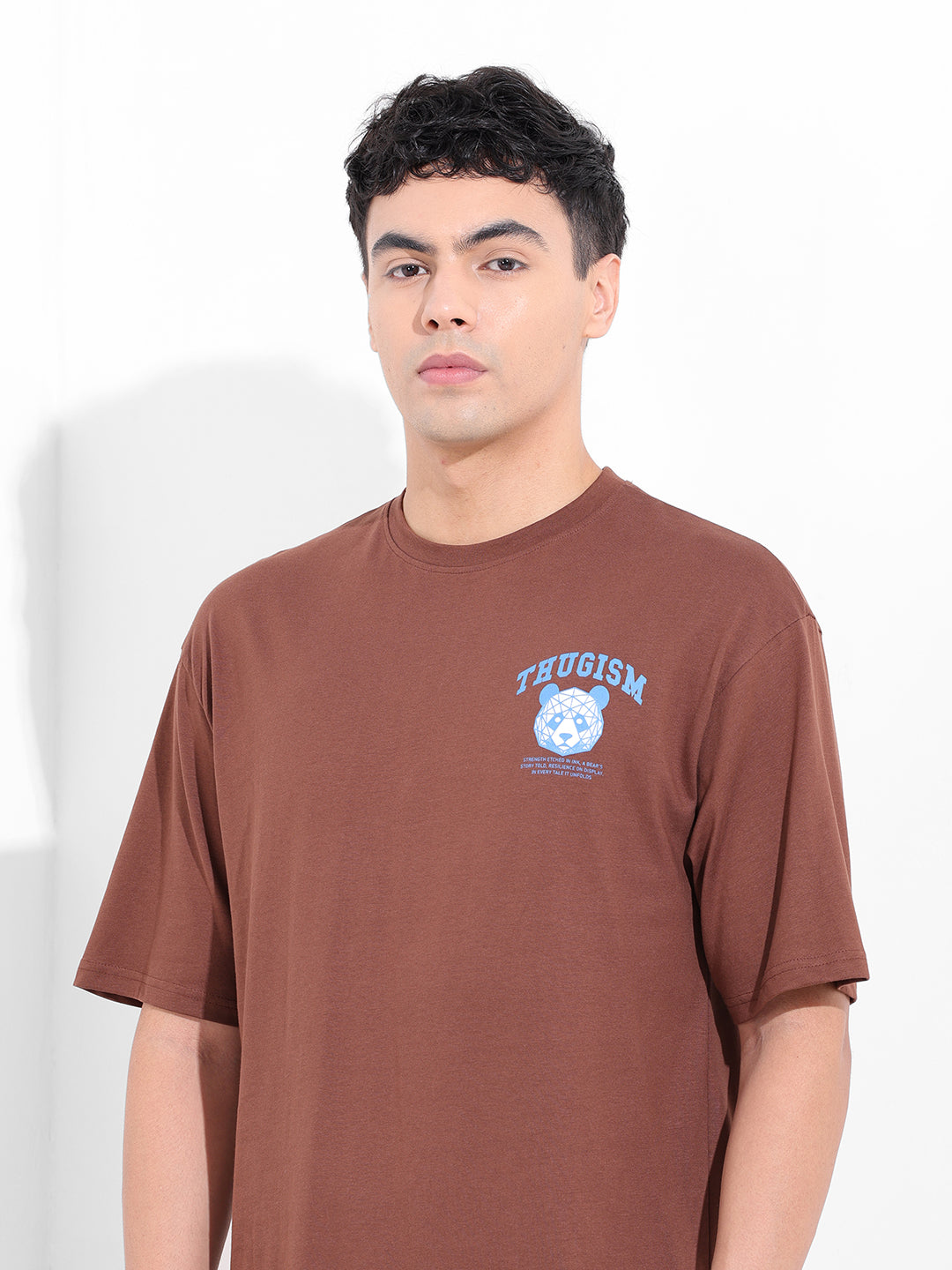 Men's Brown Boxy Oversized Graphic Back Printed Round Neck T-shirt